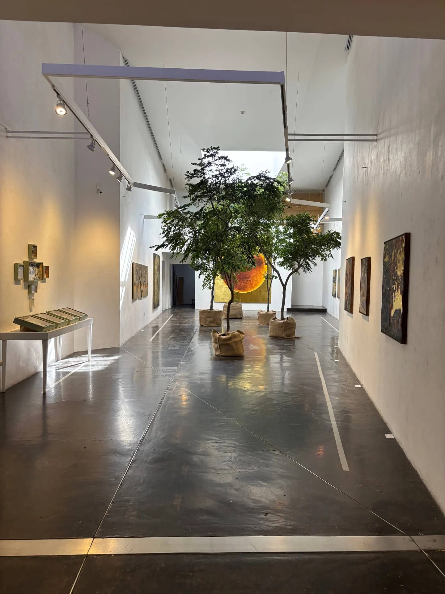 Vista de la sala con árboles y el sol dorado al fondo