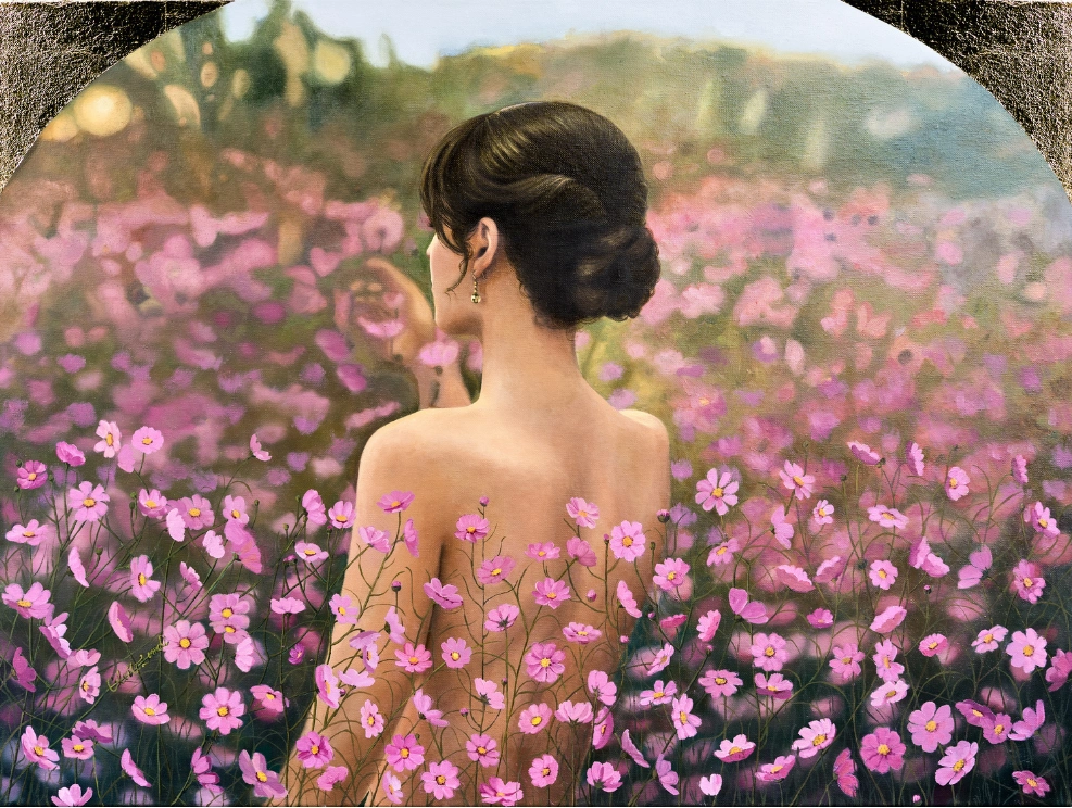 NIÑA ENTRE FLORES COSMOS